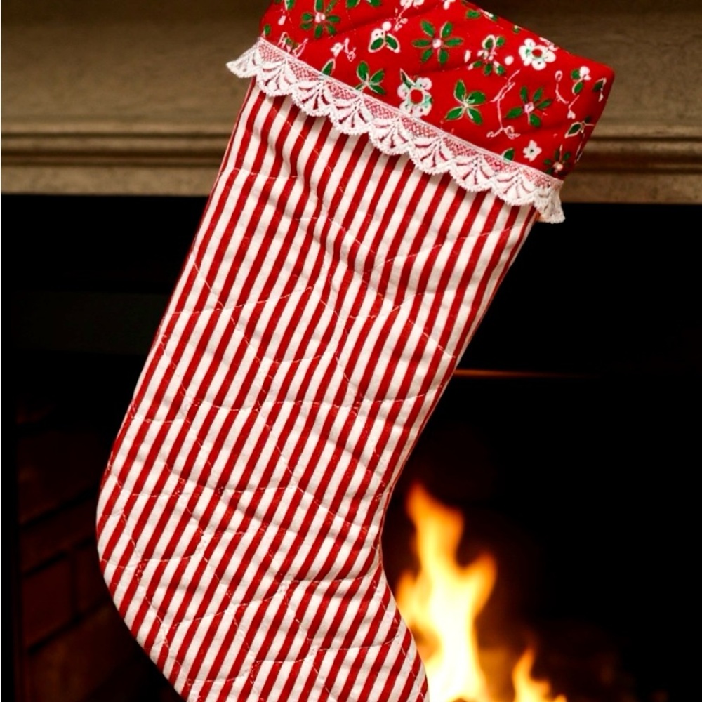 Vintage Quilted Christmas Stocking – Red & White Stripes with Lace Trim